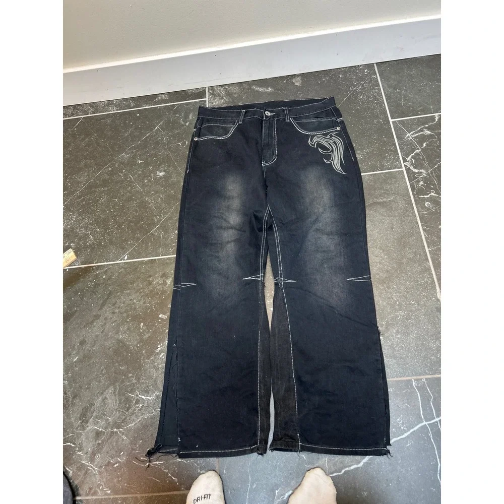 Mens Y2K Embroidered Wing Wide Leg Jeans Black Faded Streetwear 36x32